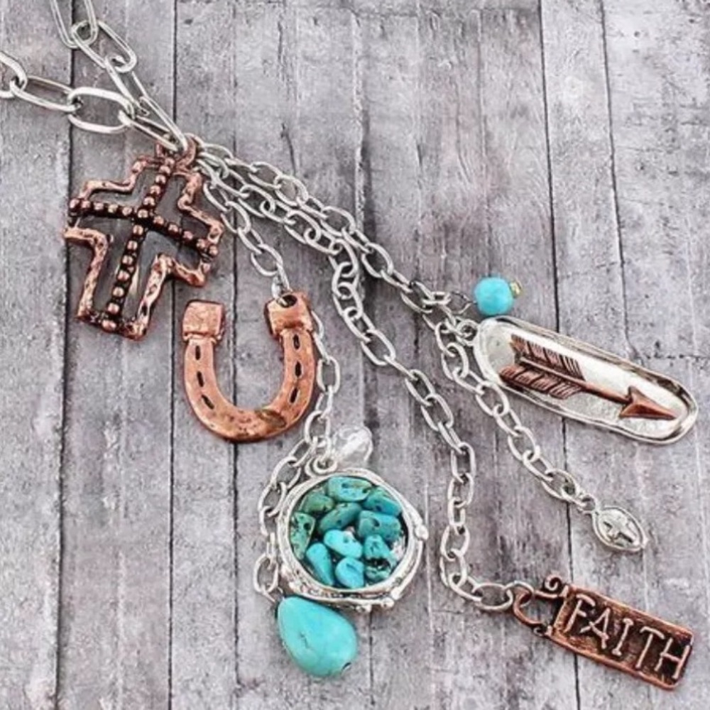 Turquoise Coppertone Faith Tassle Charm Necklace